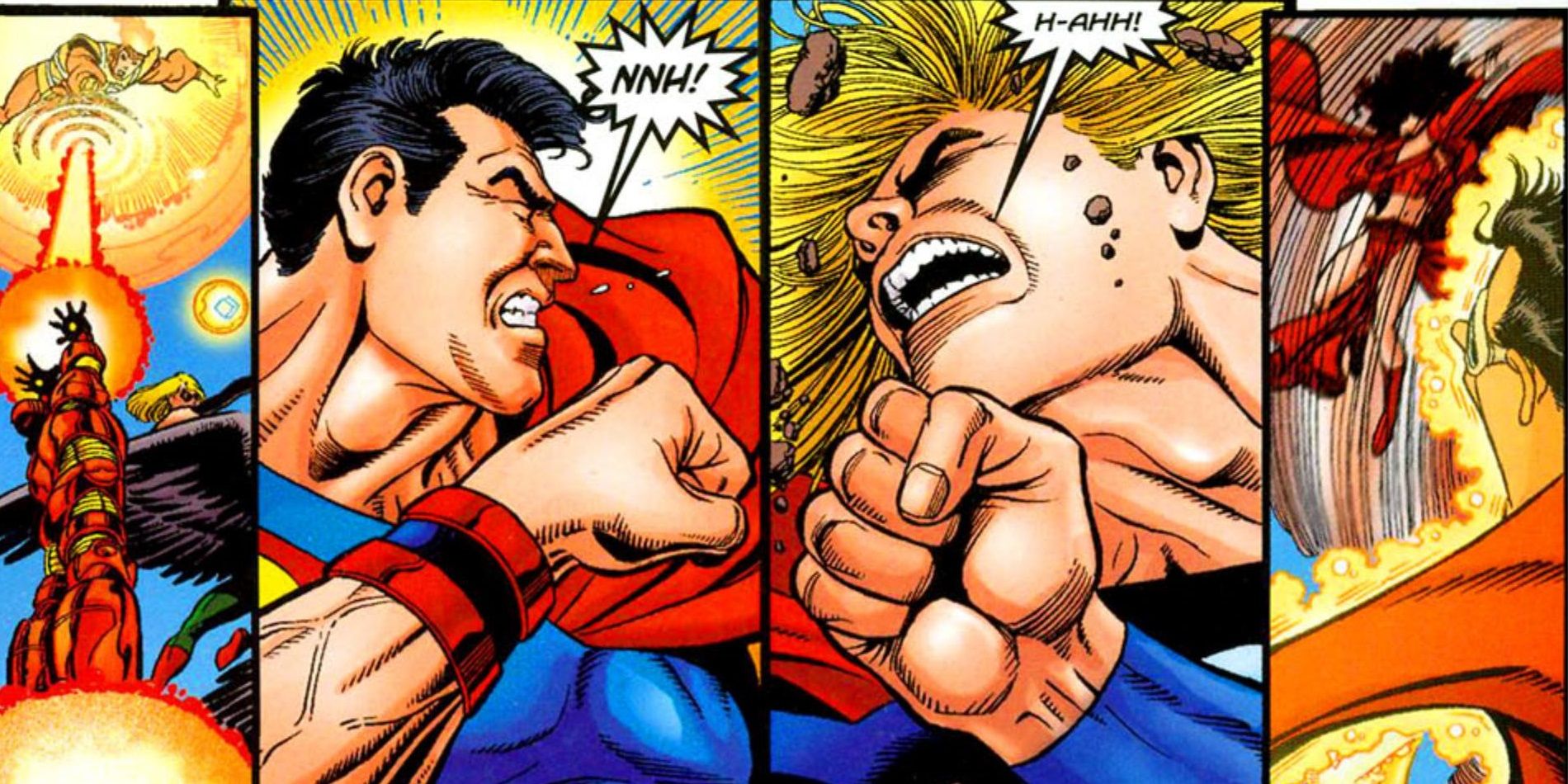Superman defeats Thor during the Justice League vs Avengers comic