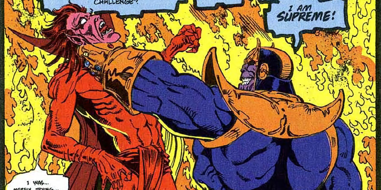 Thanos estrangula Mephisto em Silver Surfer #45.