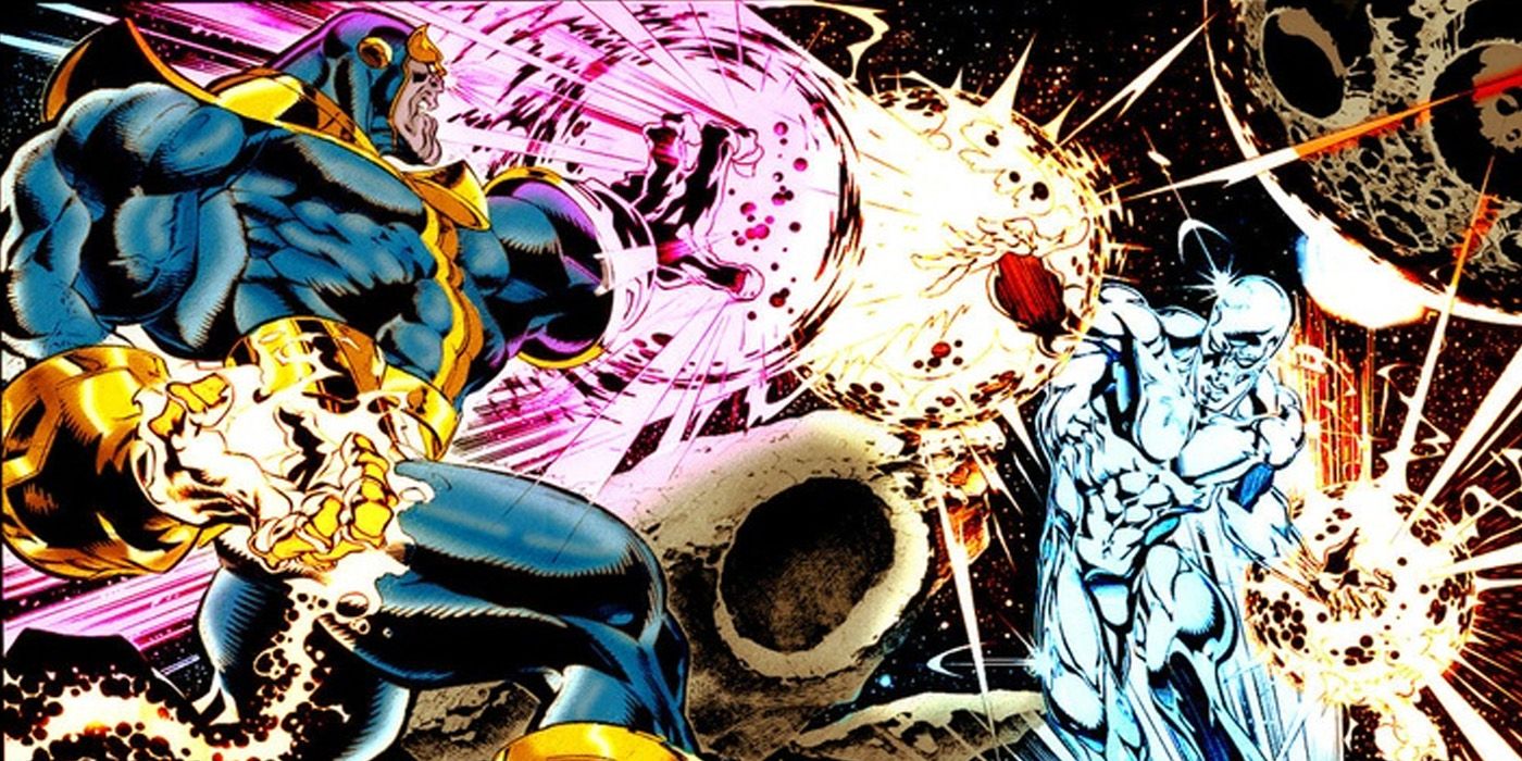 Thanos fights the Silver Surfer in Marvel Comics.