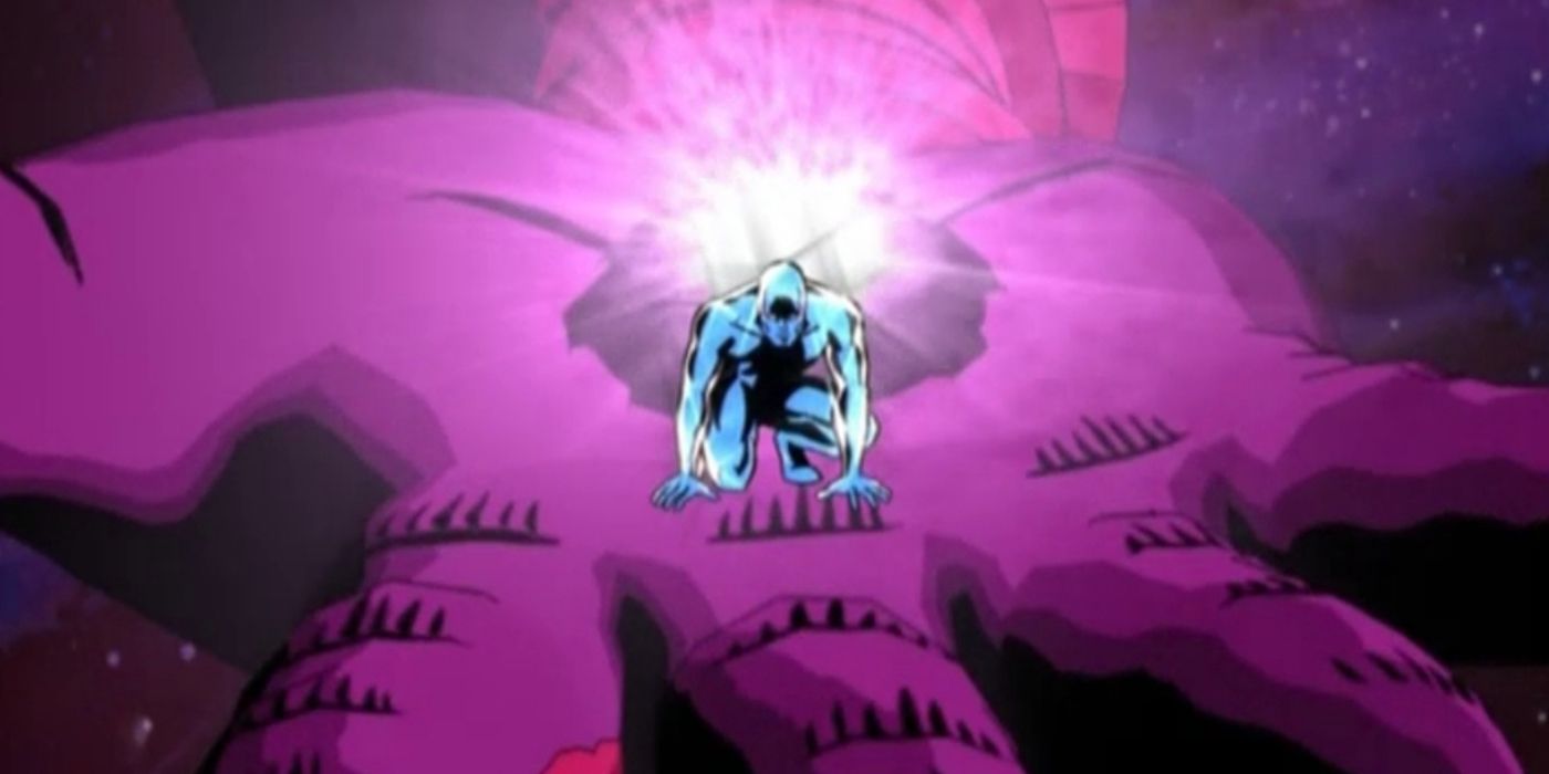 The Silver Surfer standing on a hand in the TV show