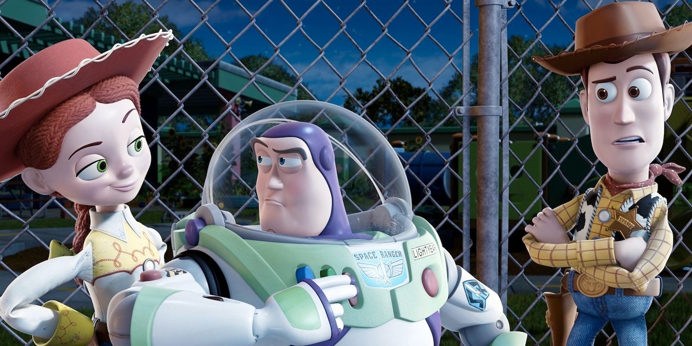Buzz Lightyear flirts with Jessie as Woody frowns in Toy Story 3