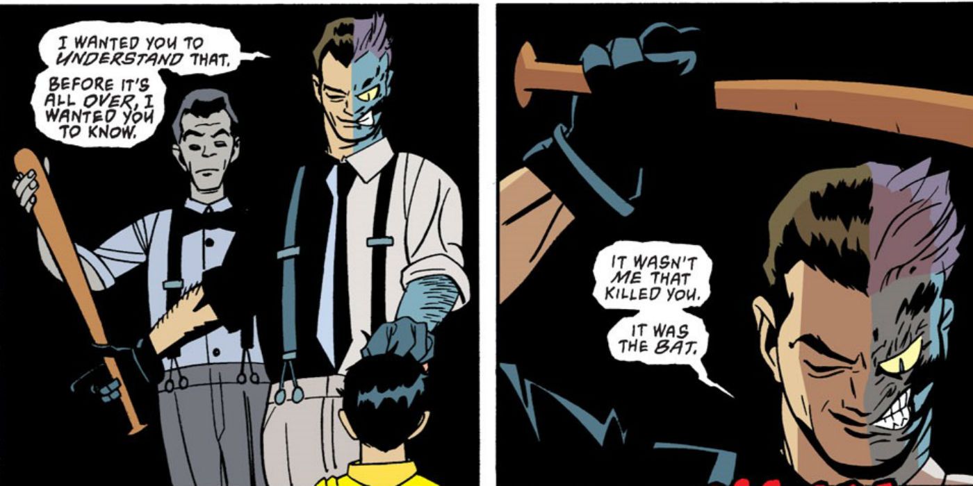 Two-Face beats Robin (Dick Grayson) with a bat in Robin Year One