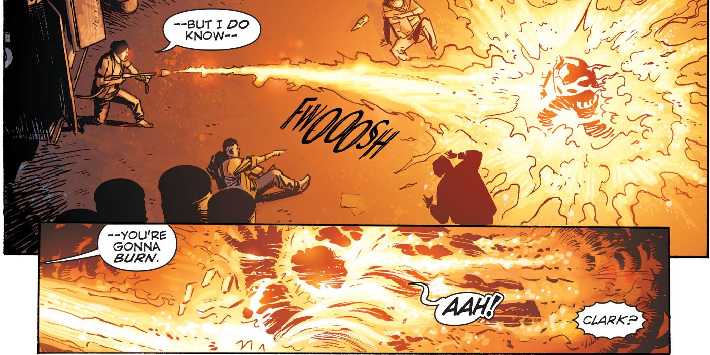Clark Kent gets lit up by a flamethrower in issue #1 of Convergence: Superman (2015)