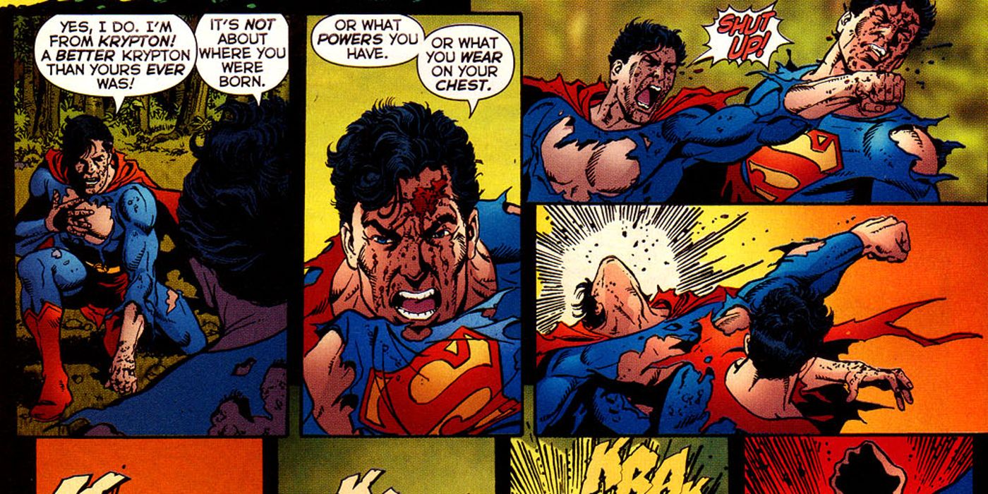 Superman and Superboy Prime fight on the planet of Mogo in Infinite Crisis #7 (2006)