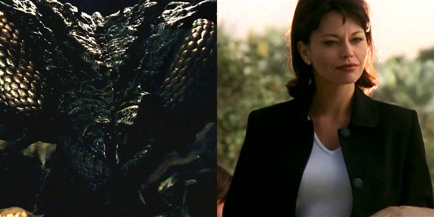 Split image showing the She-Mantis and Natalie French in Buffy the Vampire Slayer