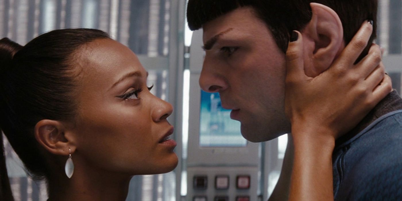 Uhura holds Spock's face in Star Trek (2009)