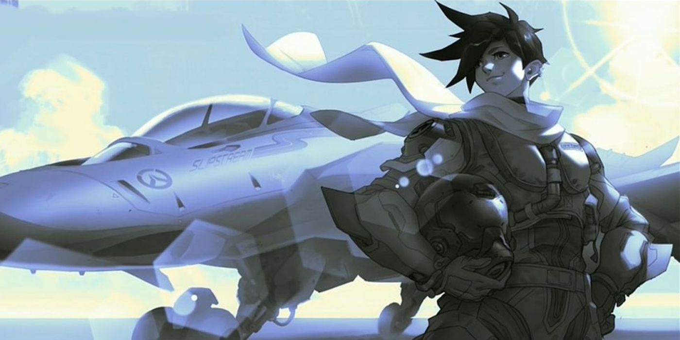 Lena Oxton aka Tracer as the pilot of the Slipstream prototype jet in Overwatch