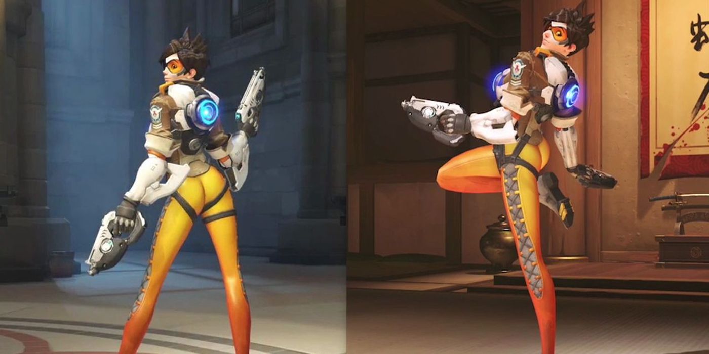 Tracer's Over the Shoulder victory pose before and after the change