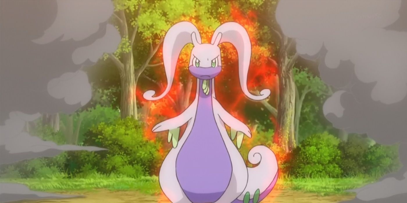 Goodra realizando Dragon Dance no anime Pokémon.