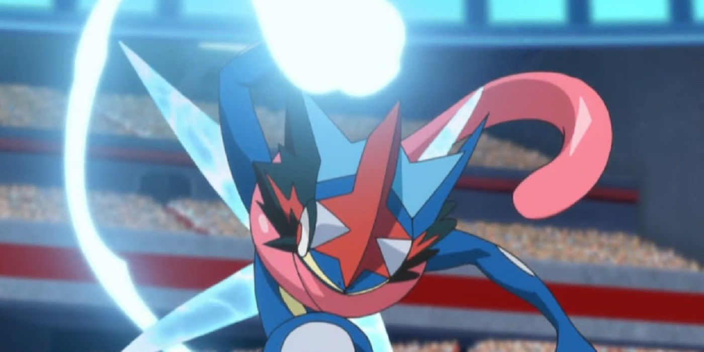 Ash's Greninja using an attack in a battle.