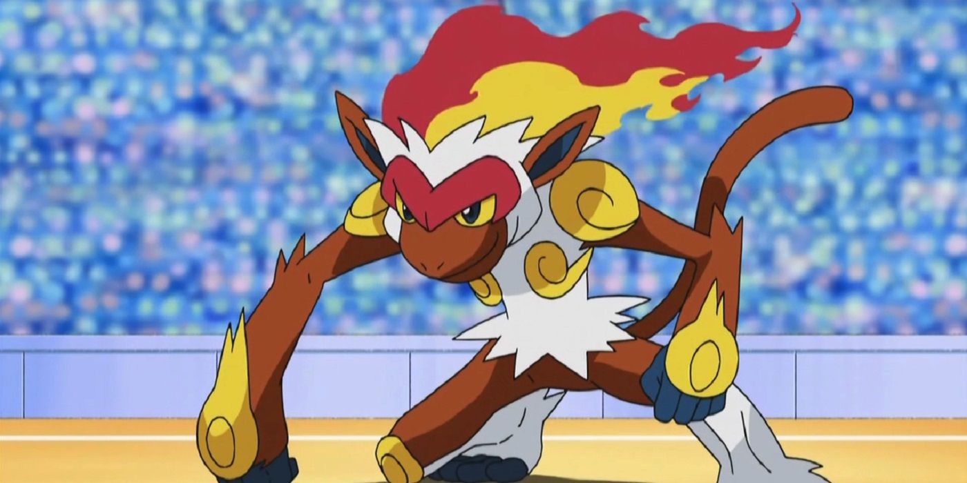 Infernape leans to the ground ready to fight in Pokemon anime.