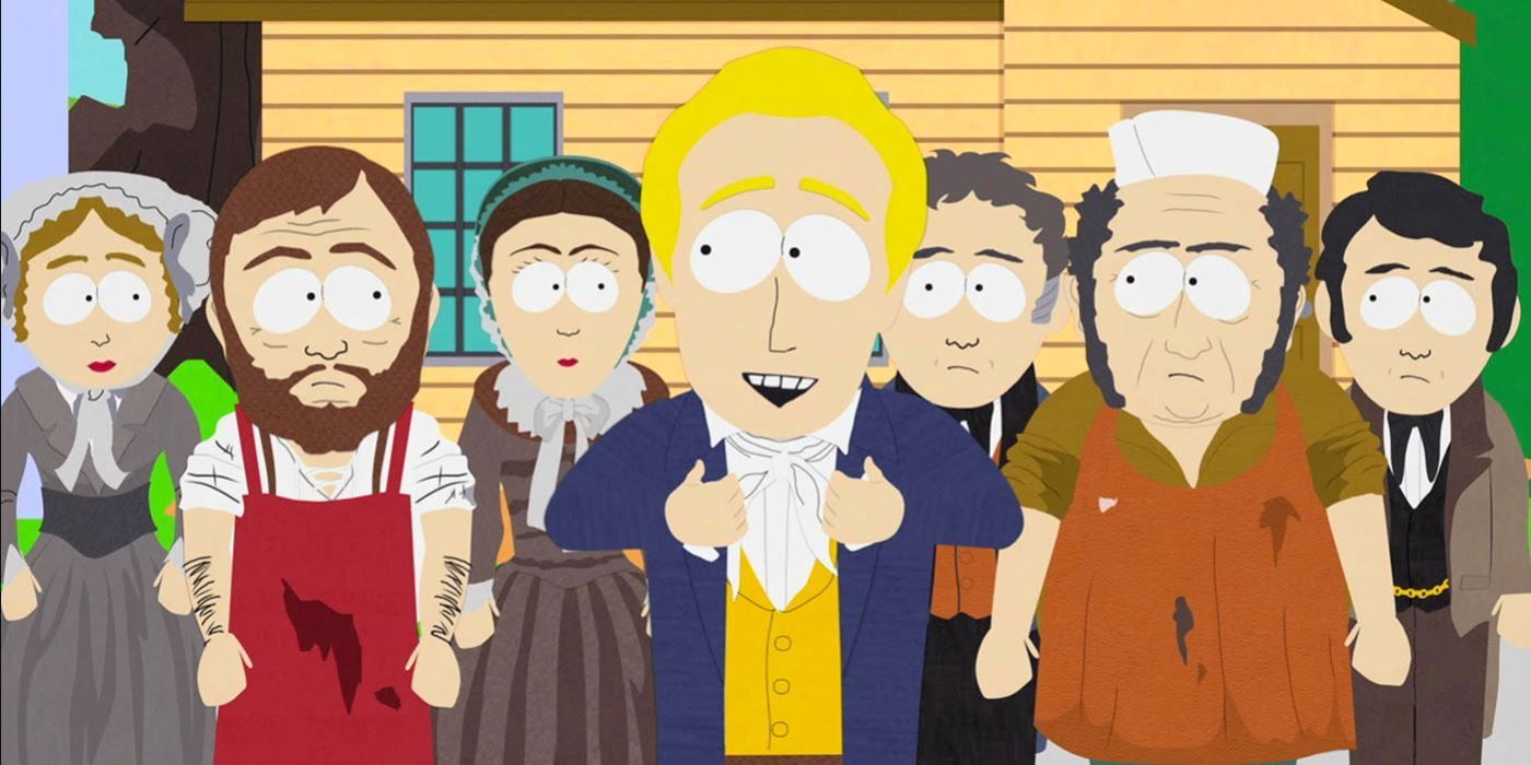 A Mormon looks happy next to scruffy villagers in South Park