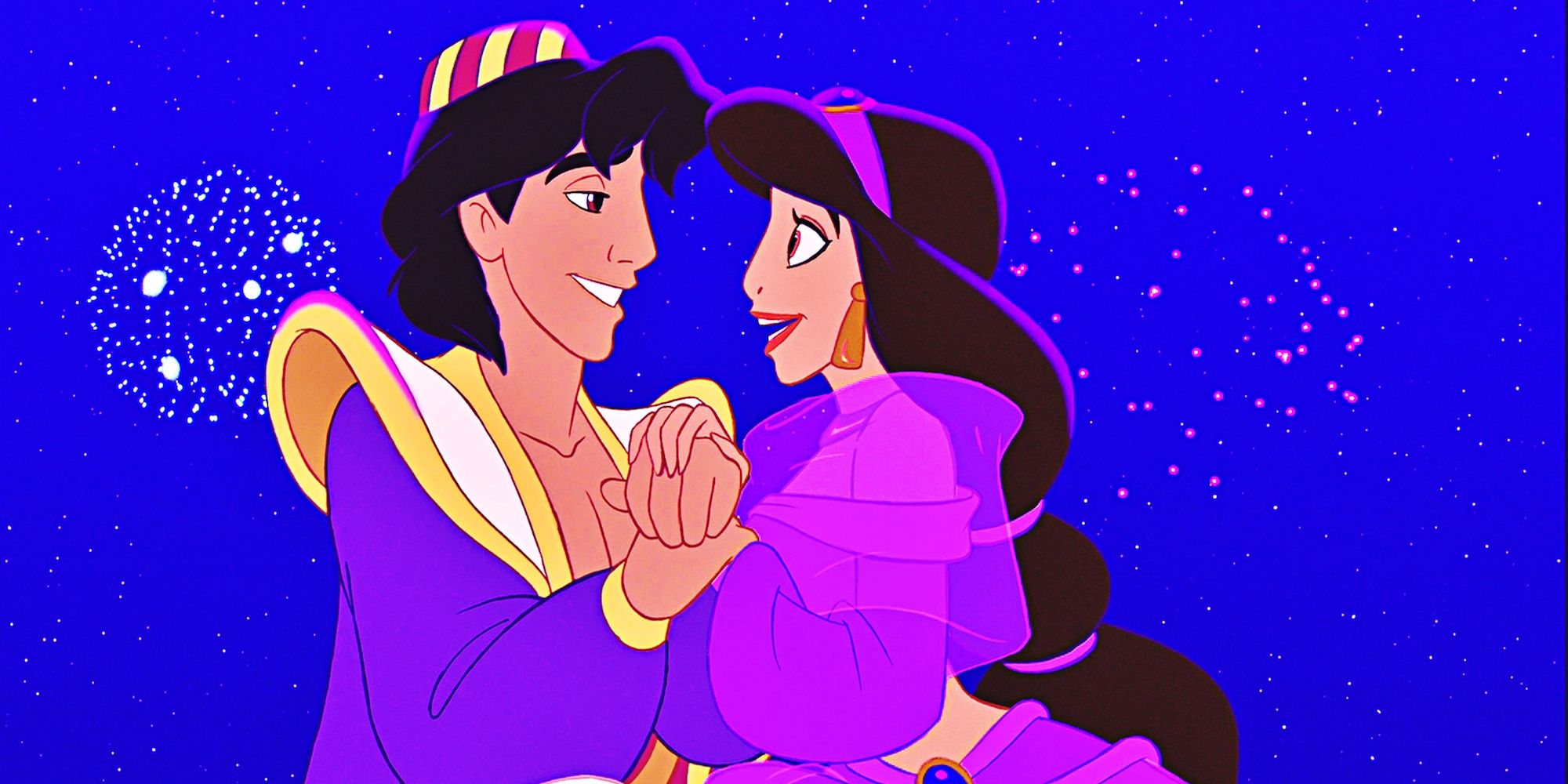 Aladdin and Jasmine singing together at the end of the animated movie