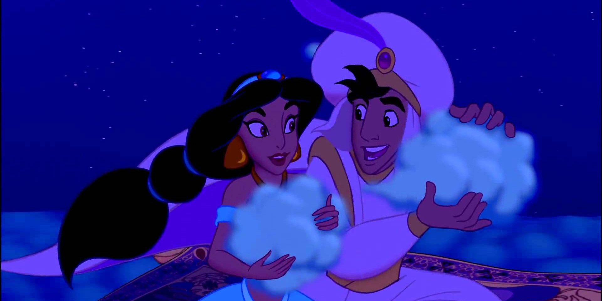 Jasmine and Aladdin holding clouds during A Whole New World Song in Aladdin.