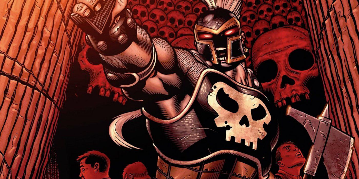 Ares pointing to someone off-page in Marvel Comics