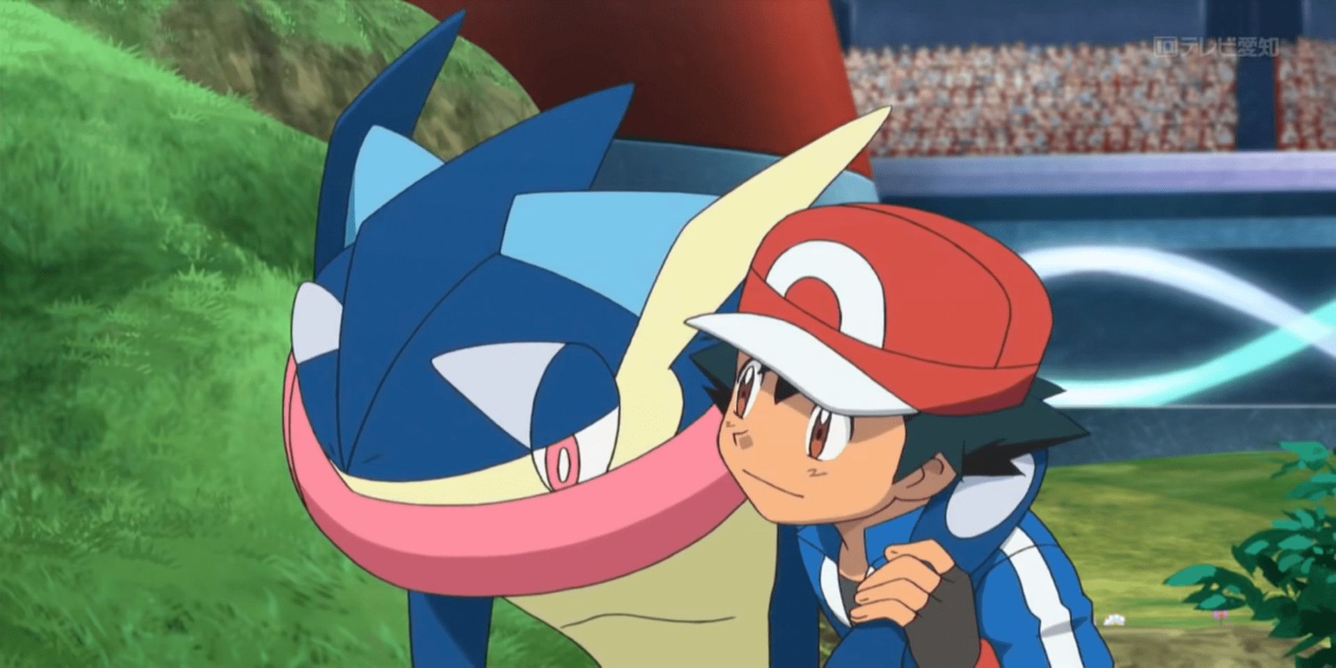 Ash with his Greninja in the Pokémon anime.