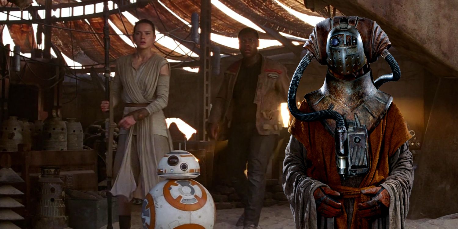Athgar Heece with Rey BB-8 and Finn on Jakku in Star Wars The Force Awakens