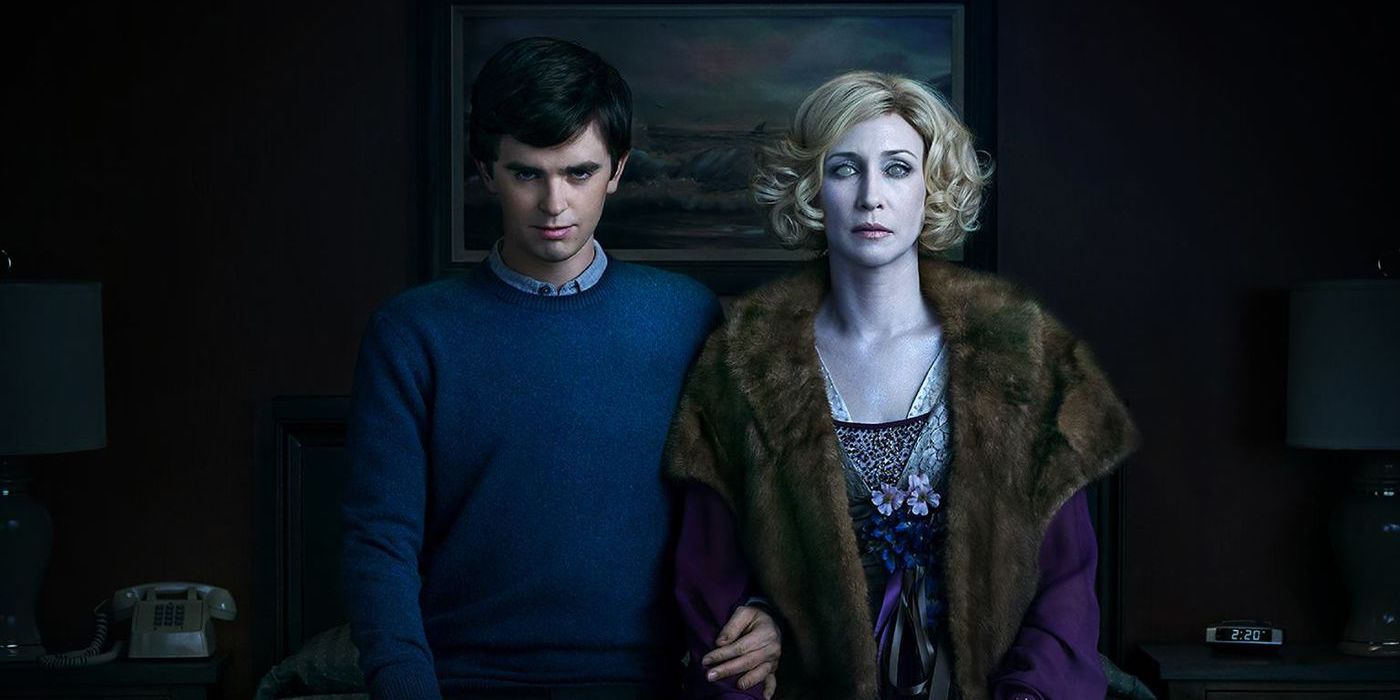 Norman and his mother pose in a promo shot for Bates Motel