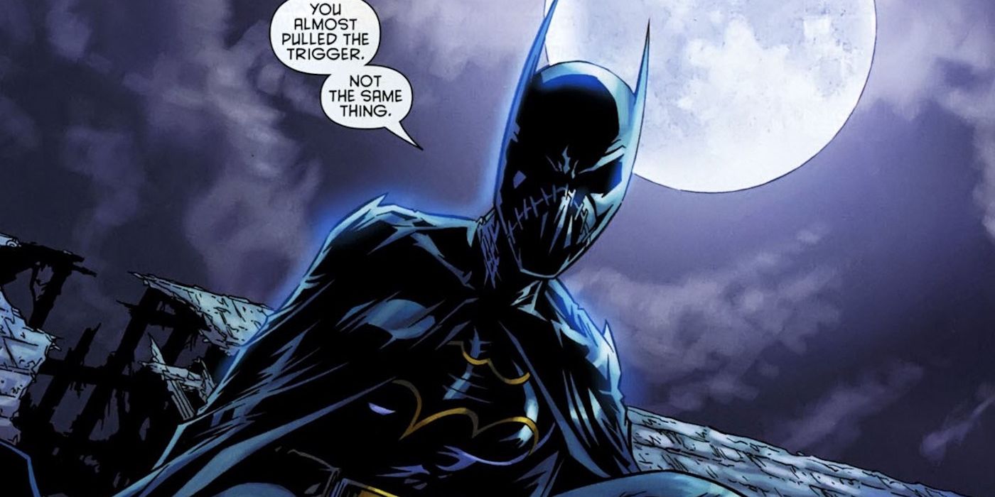 Comic book panel: Batgirl Cassandra Cain under a full moon.