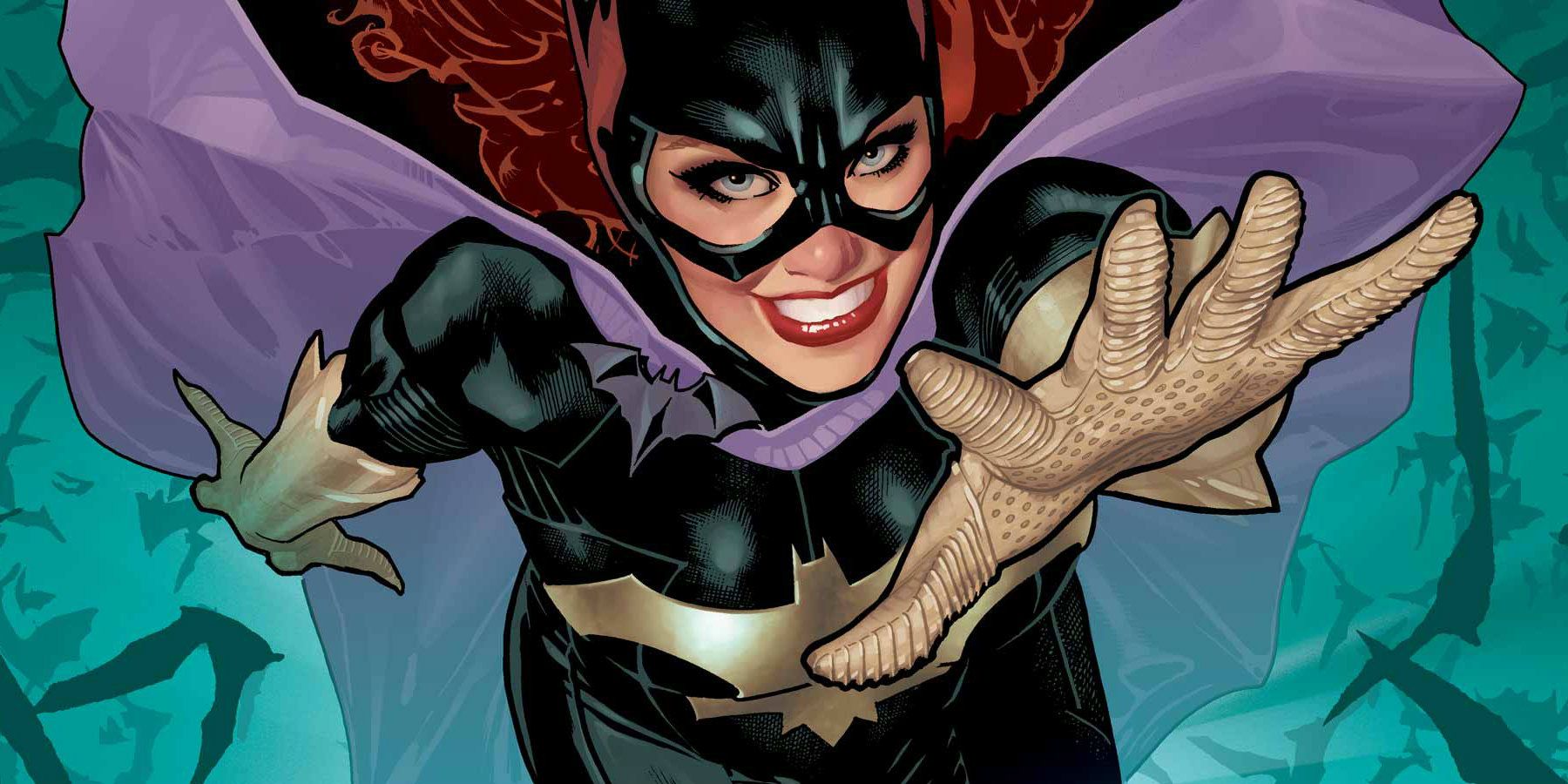 Batgirl smiling while launging forward in DC Comics.