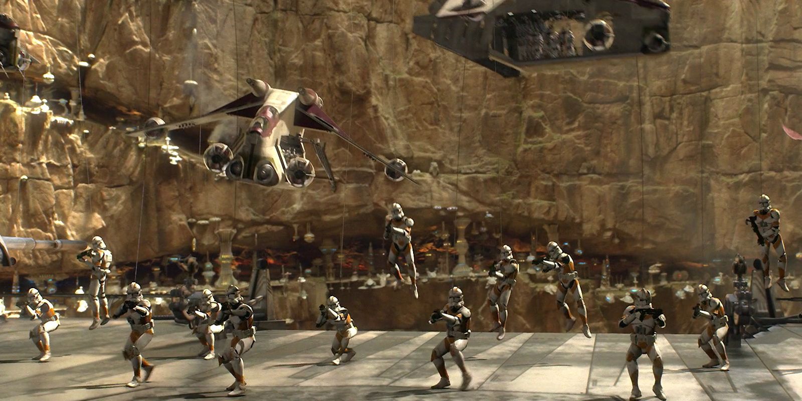 Stormtroopers atirando com suas armas durante a Batalha de Utapau em Star Wars Revenge of the Sith