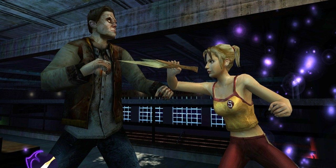 Buffy in a yellow tank top and red trousers stabbing a vampire in a grey shirt, brown jacket and jeans on Buffy the Vampire Slayer Xbox video game