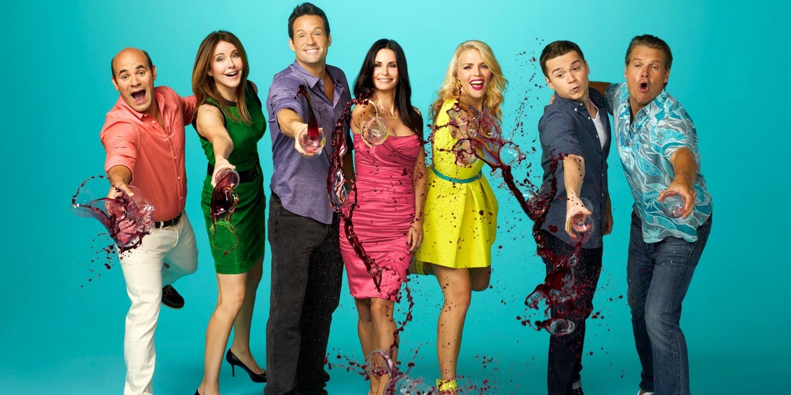 The cast throwing wine in Cougar Town poster