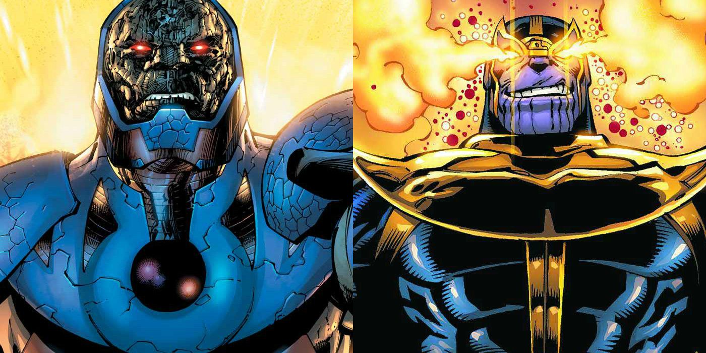 A split image of Darkseid in DC Comics and Thanos in Marvel Comics