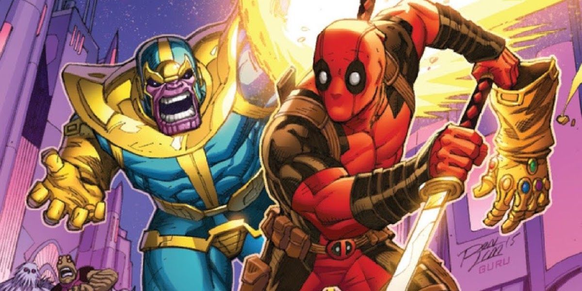 Thanos chasing Deadpool, who stole the Infinity Gauntlet