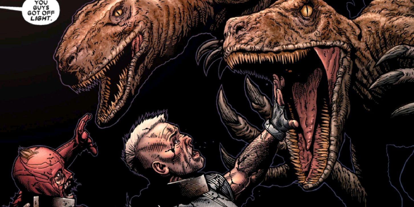 Dinosaurs in Old Man Logan attacking Daredevil and the Punisher