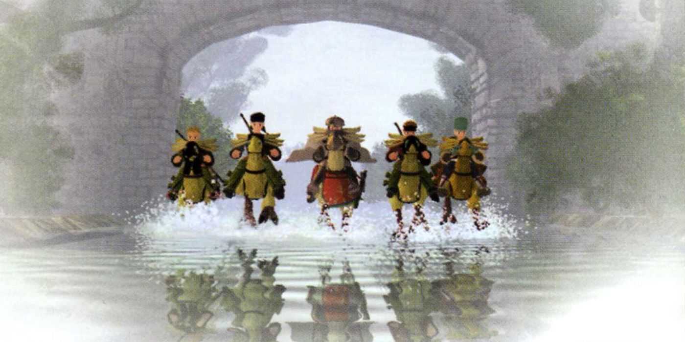 Final Fantasy Tactics cover showing character riding horseback underneath an arch with hooves splashing in shallow water.