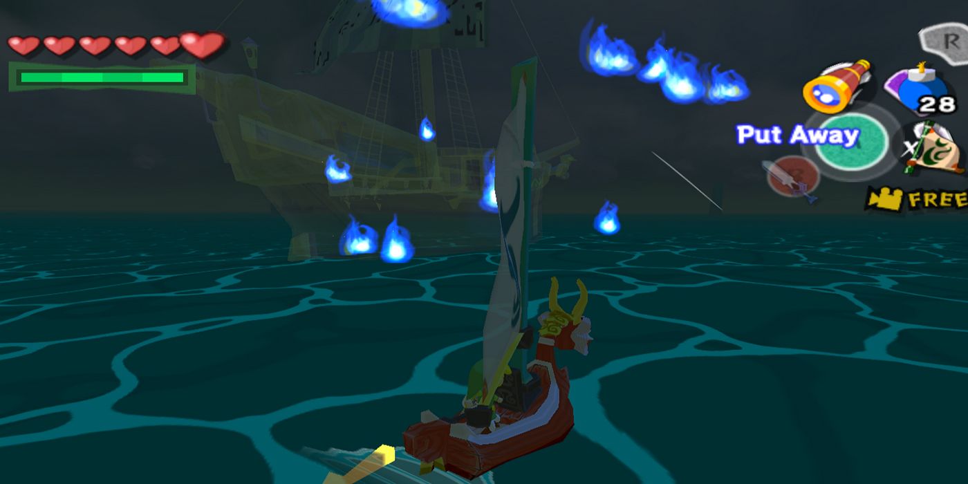 The Ghost Ship in Wind Waker with blue flames floating around it