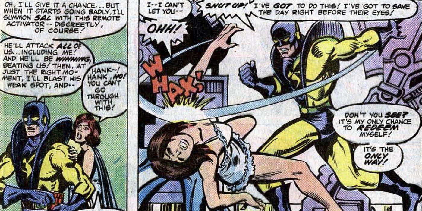 Hank Pym AKA Yellowjacket slapping Janet Van Dyne away in Marvel comics