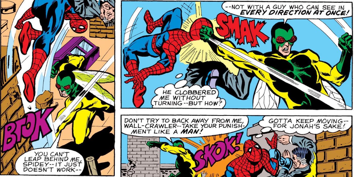 The Human Fly fights Spider-Man in Marvel Comics.