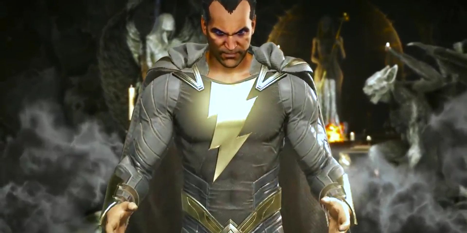 Black Adam looking down with smoke around him in Injustice