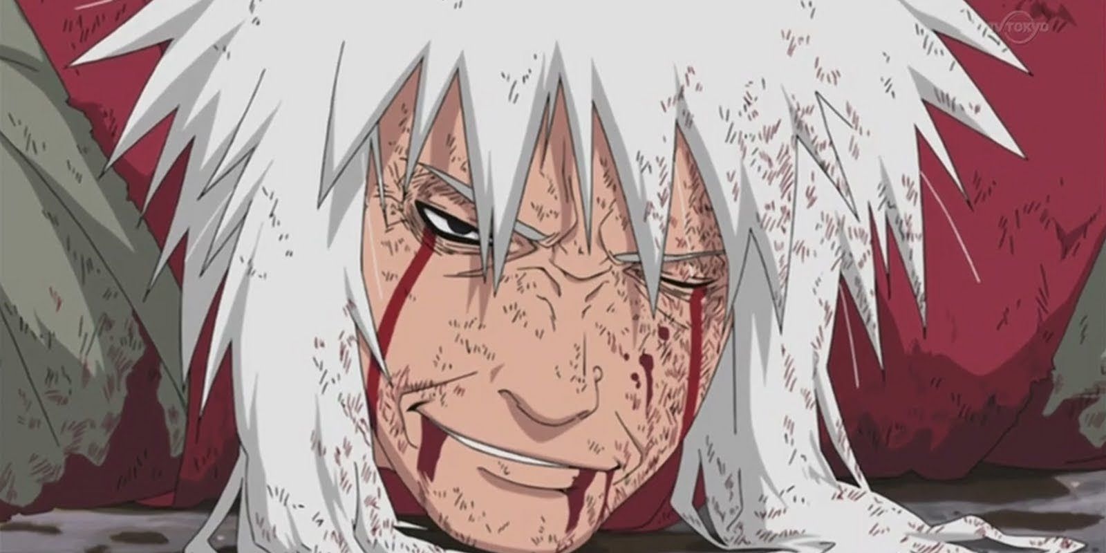 Jiraiya smiles with blood trickling from his mouth in Naruto Shippuden.