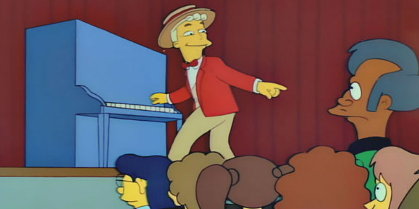 Lyle Lanley playing the piano and pointing at the audience in The Simpsons