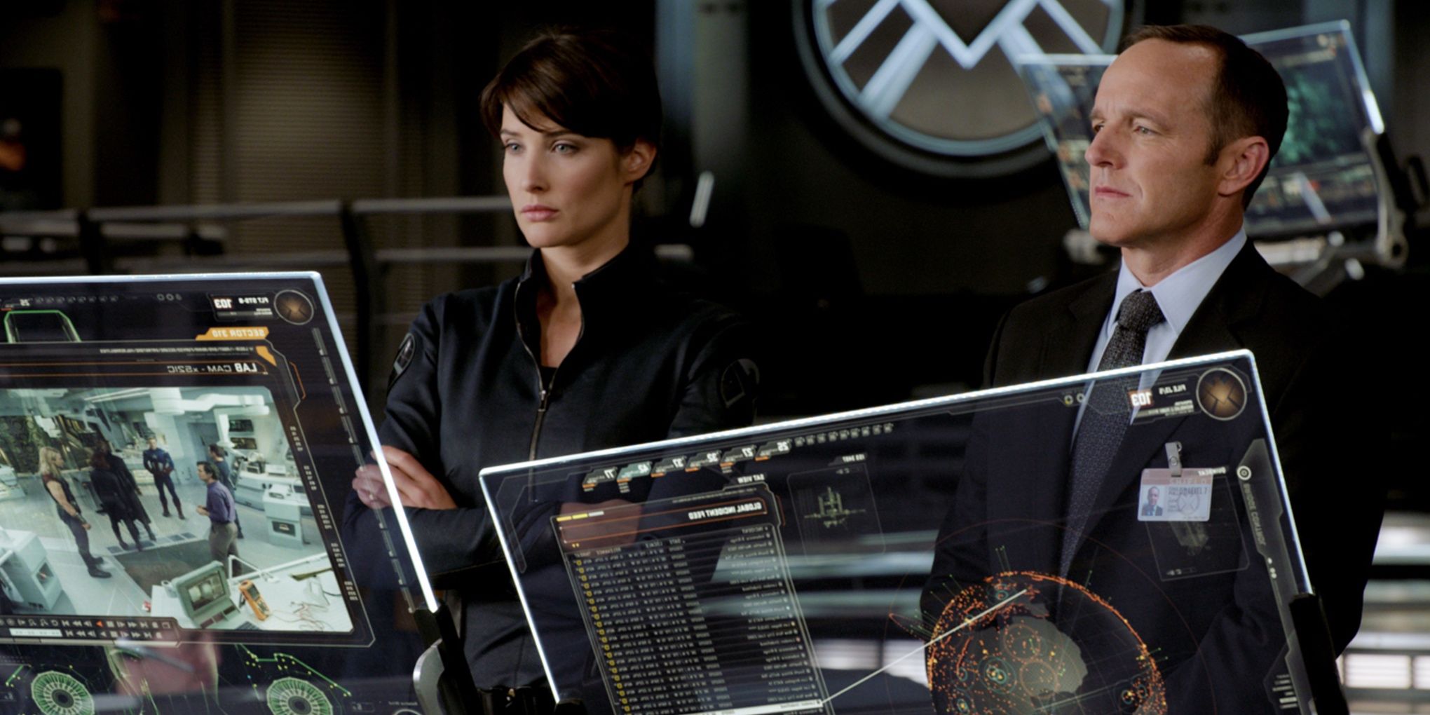 Maria Hill and Phil Coulson on the Helicarrier in The Avengers