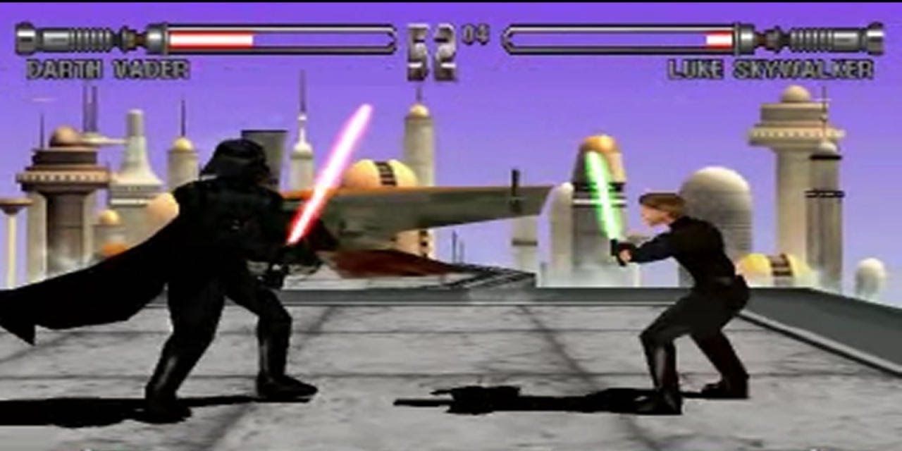 Luke Skywalker and Vader engage in a fighting-game duel.