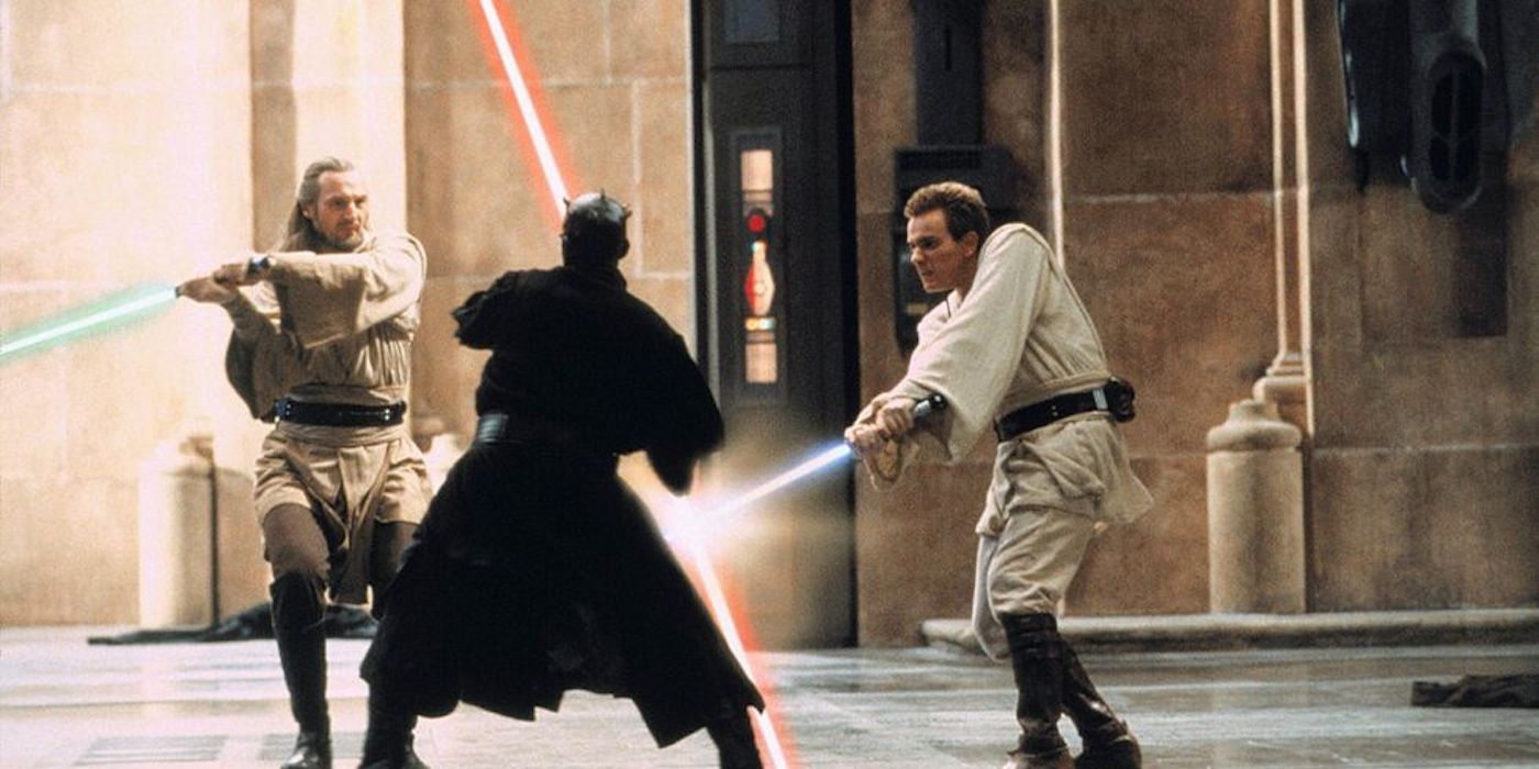 Darth Maul duelando com Obi Wan e Qui Gon