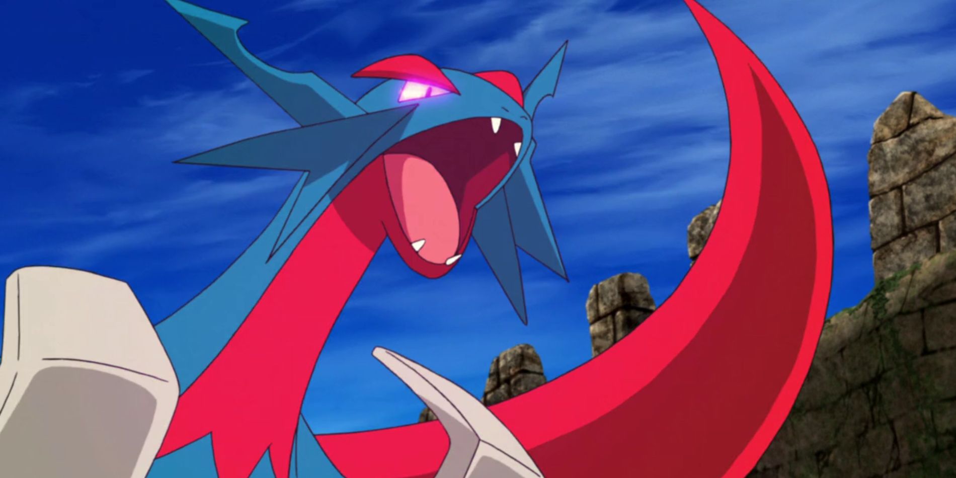 Mega Salamence roars in the Pokemon anime
