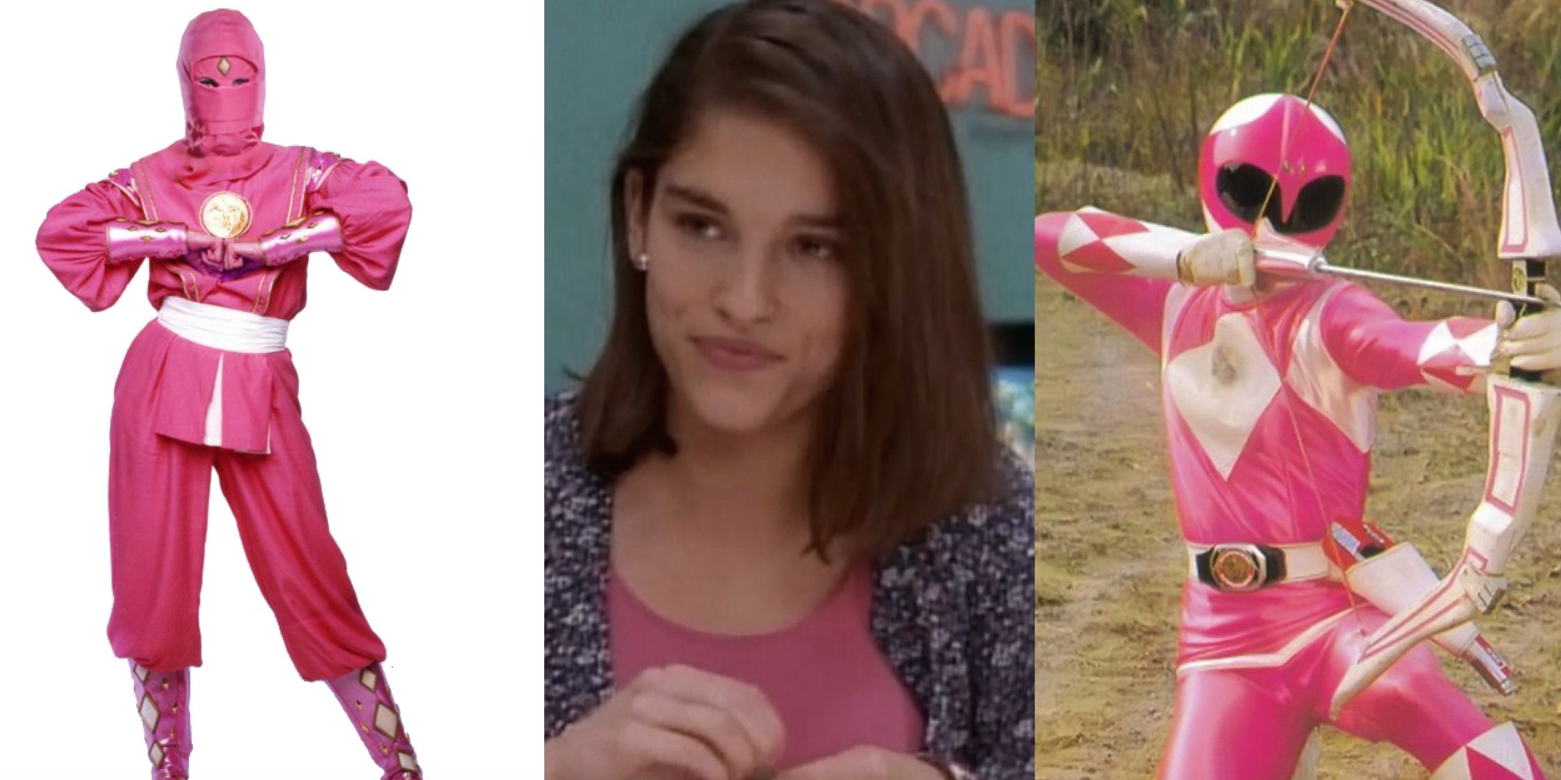 Uma imagem dividida apresenta Kimberly Hart como a Power Ranger rosa em trajes ninja, suas roupas civis e seu uniforme de spandex