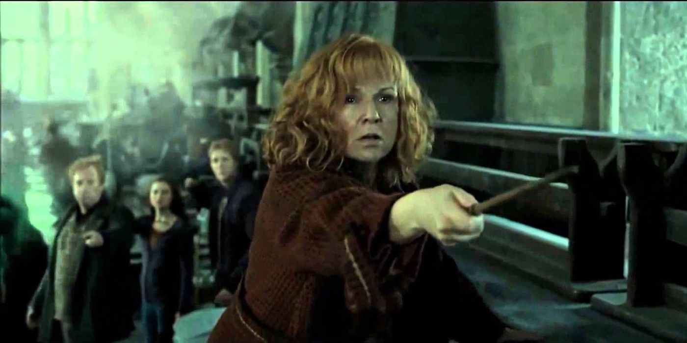 Molly Weasley defending her kids in the Battle of Hogwarts