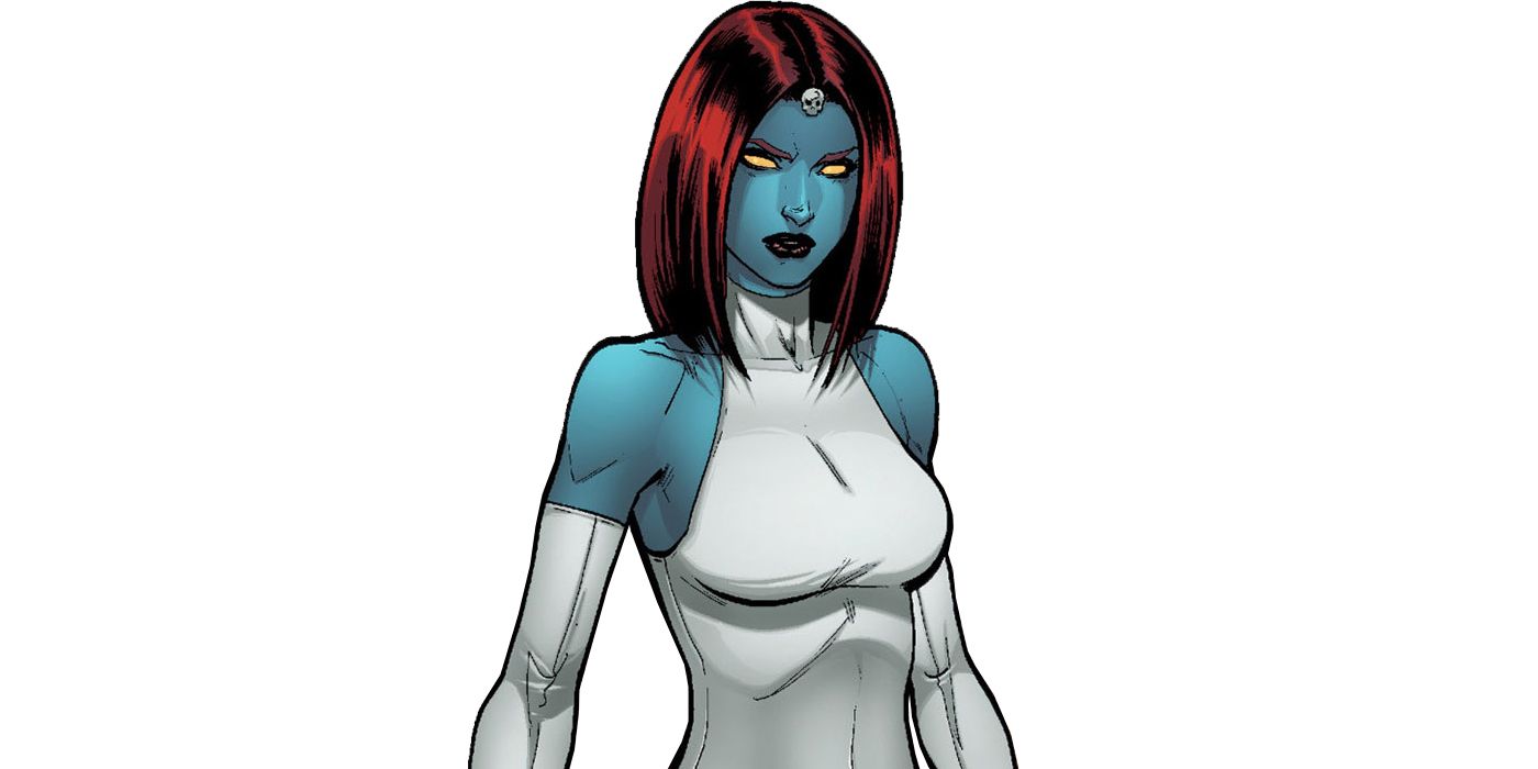 Mystique X-Men em traje branco com bandana de caveira