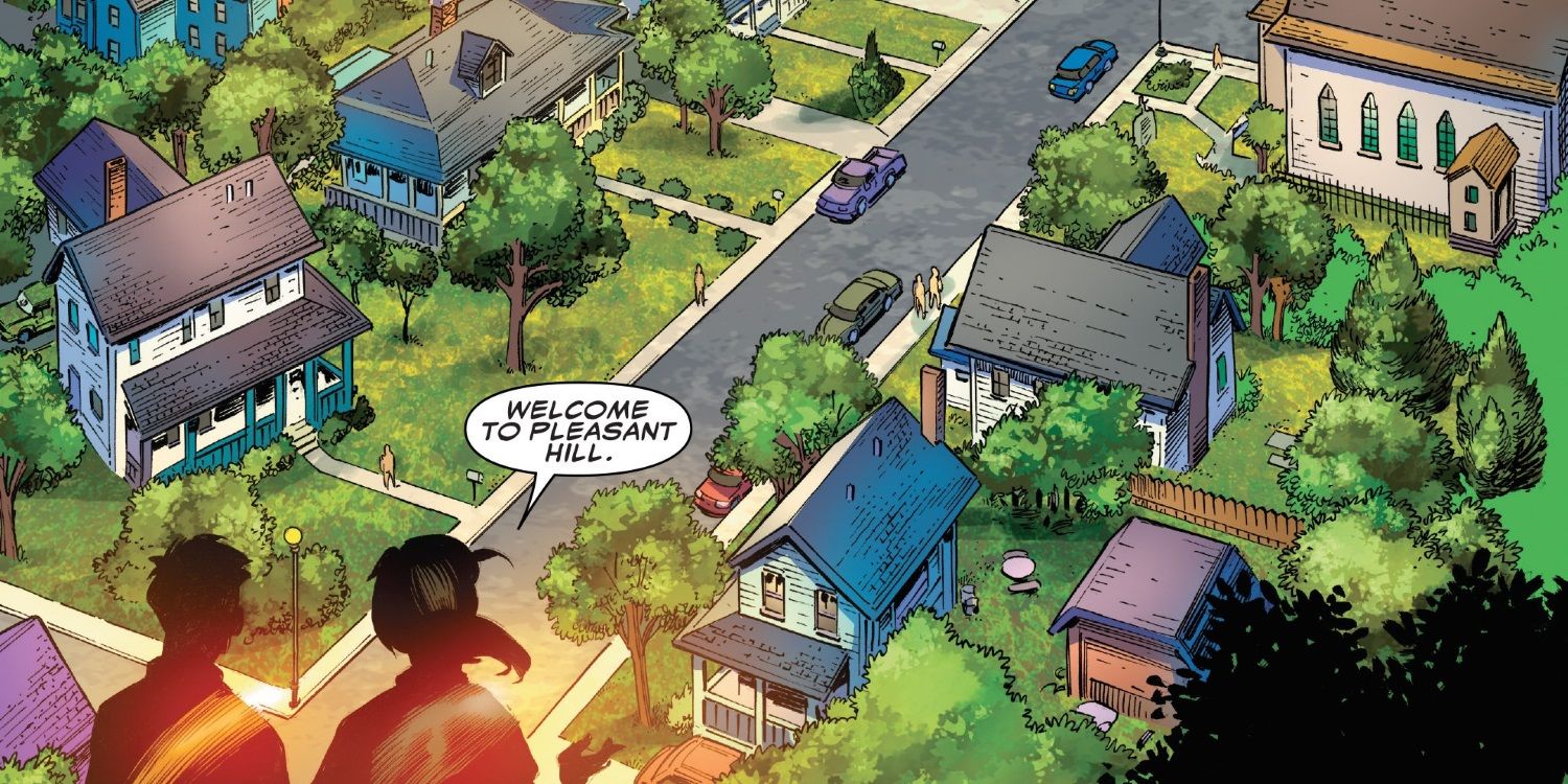 Comic book image of Pleasant Hill neighborhood from Avengers: Standoff