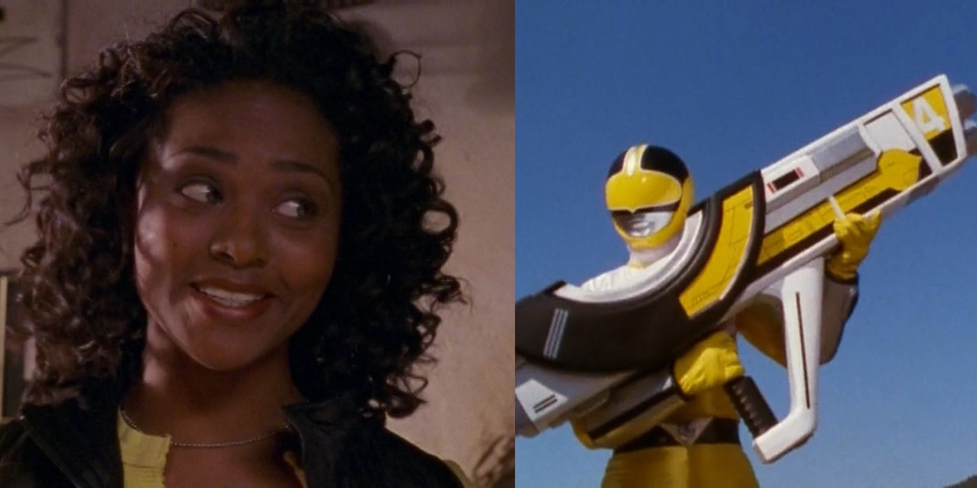 A split image features Power Rangers Time Force Yellow Ranger Ashley outside of and inside her Ranger gear