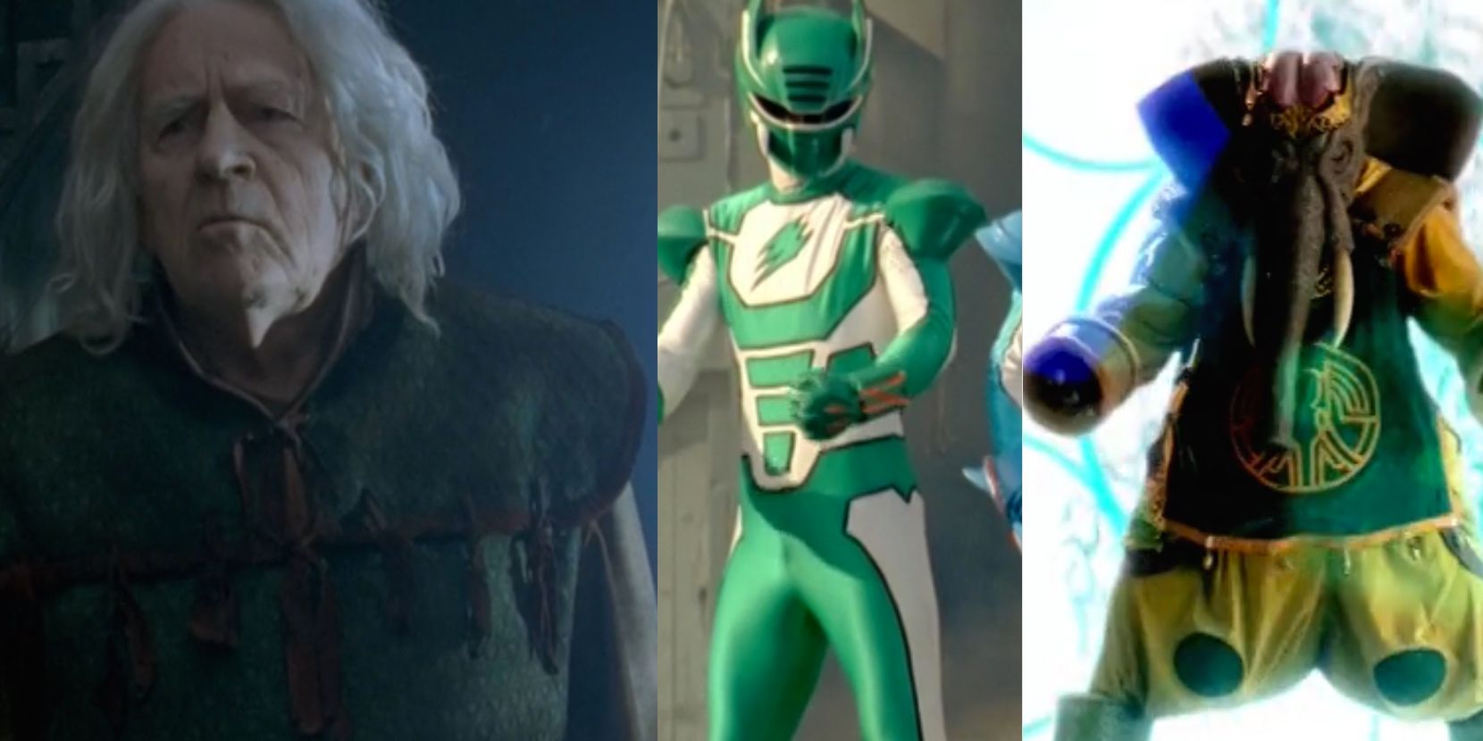A split image features Master Phant, the Jungle Fury Green Ranger, and the Elephant Spirit in Power Rangrs Jungle Fury