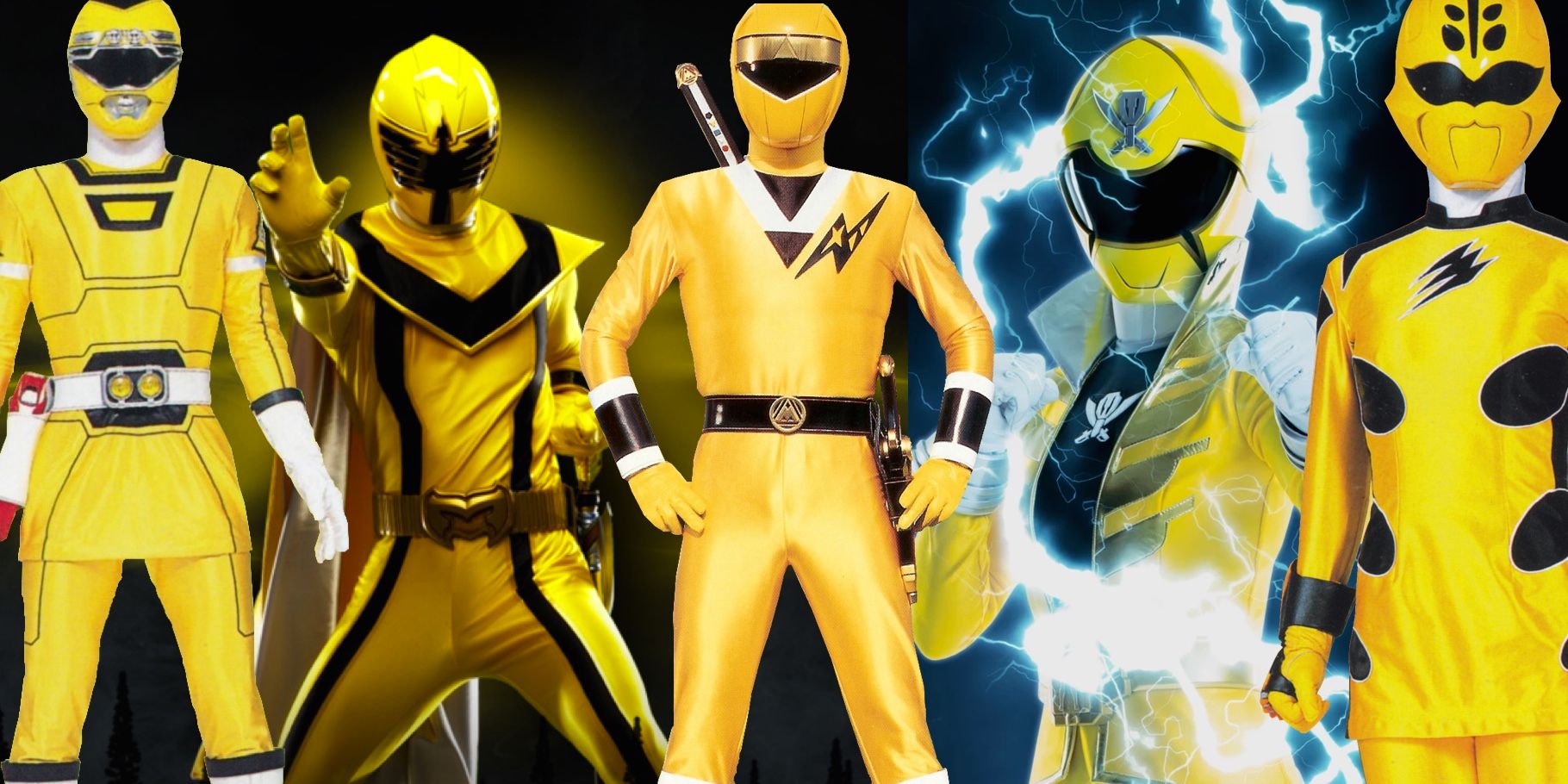 Une image mélangée présente les Power Rangers jaunes des saisons Turbo, Mystic Force, Alien Rangers, Megaforce et Jungle Fury