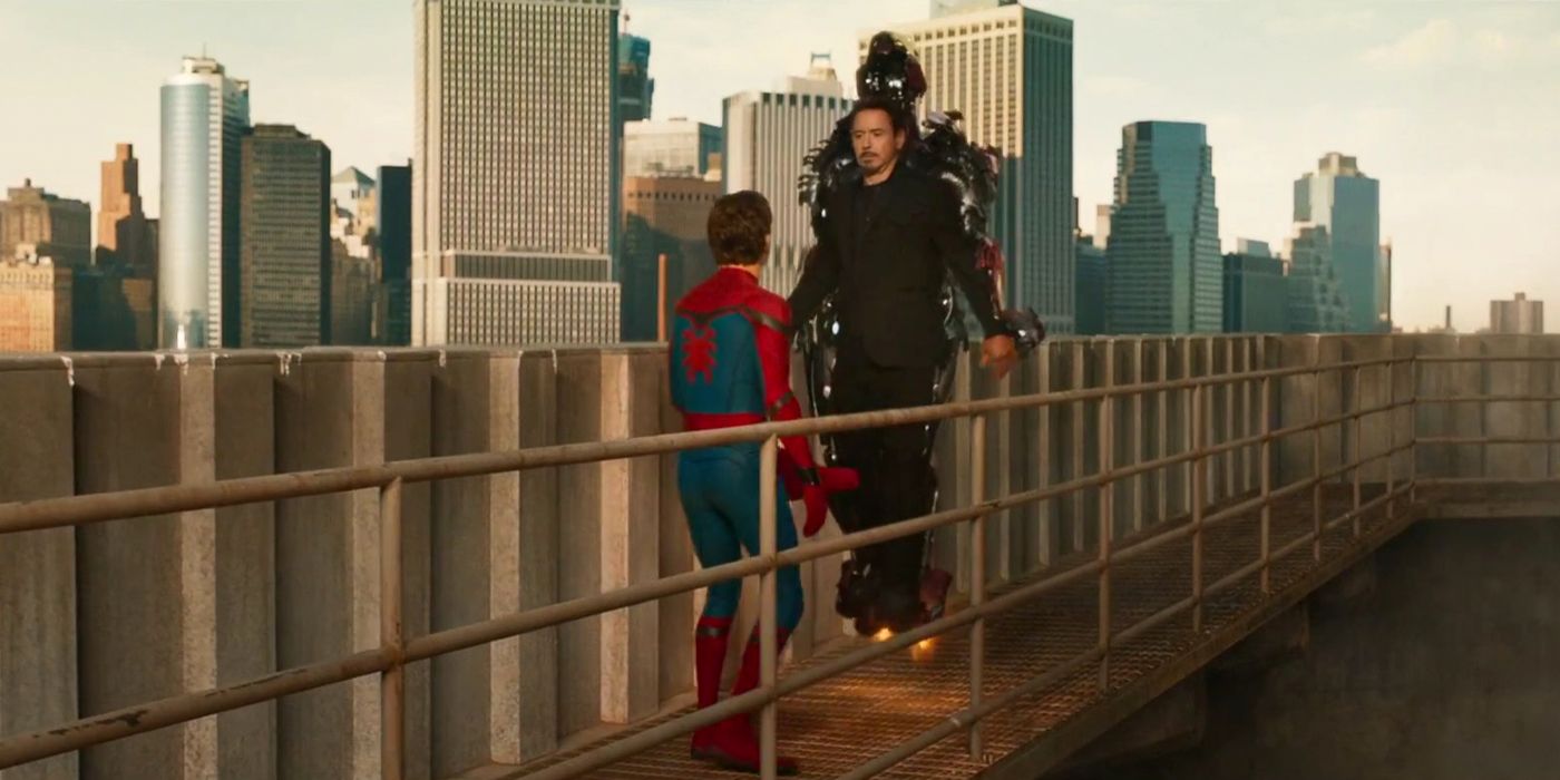Robert Downey Jr as Tony Stark Iron Man Confronts Tom Holland as Peter Parker in Spider-Man Homecoming