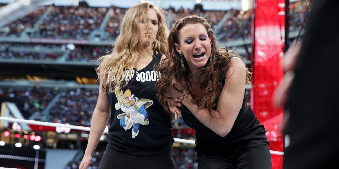 Ronda Rousey and the Rock beat up Stephanie McMahon and Triple H at Wrestlemania 31